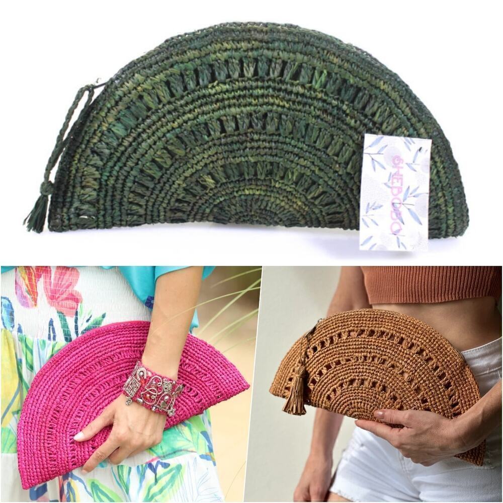 Shebobo Crochet Raffia Tassel Clutch Green Handmade NEW